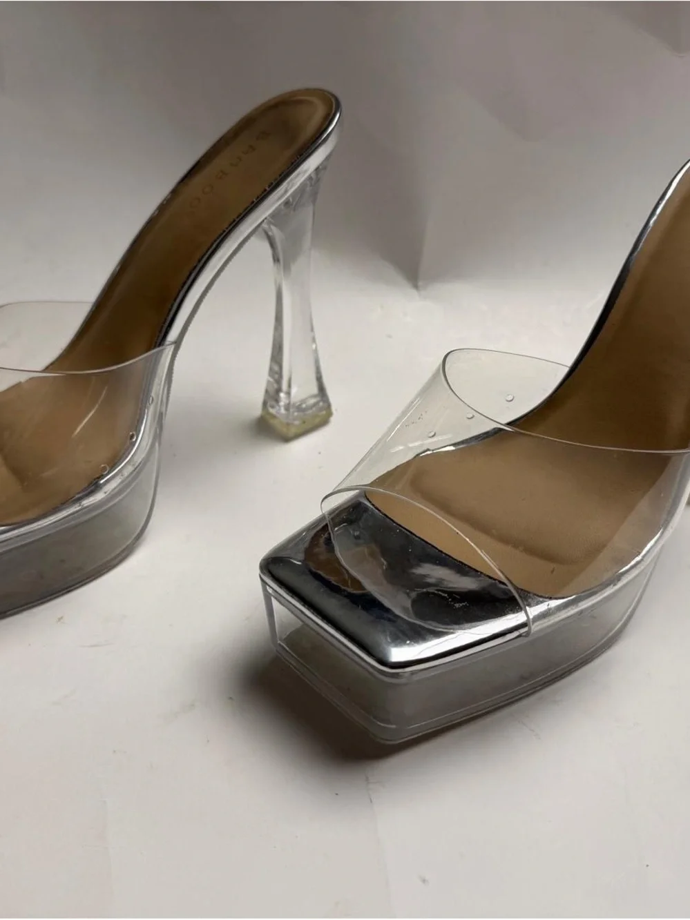 BAMBOO Clear Strap Silver Square-Toe Platform Mules